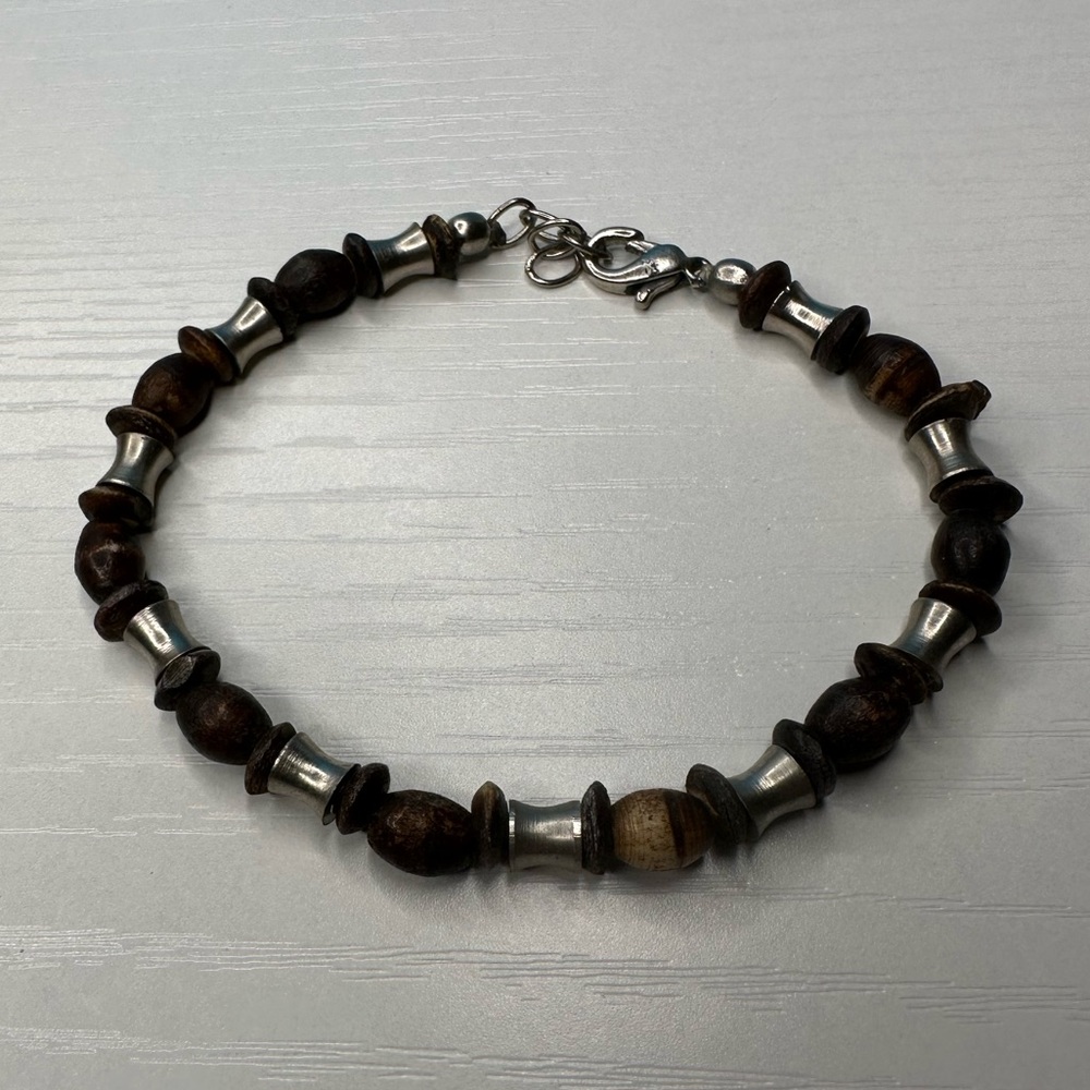 Brown Wood and Silver-Tone Beaded Bracelet